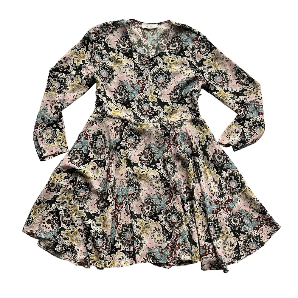 A.L.C Floral Paisley Print Walter Handkerchief Ruffle Hem Keyhole Silk‎ Dress 6
